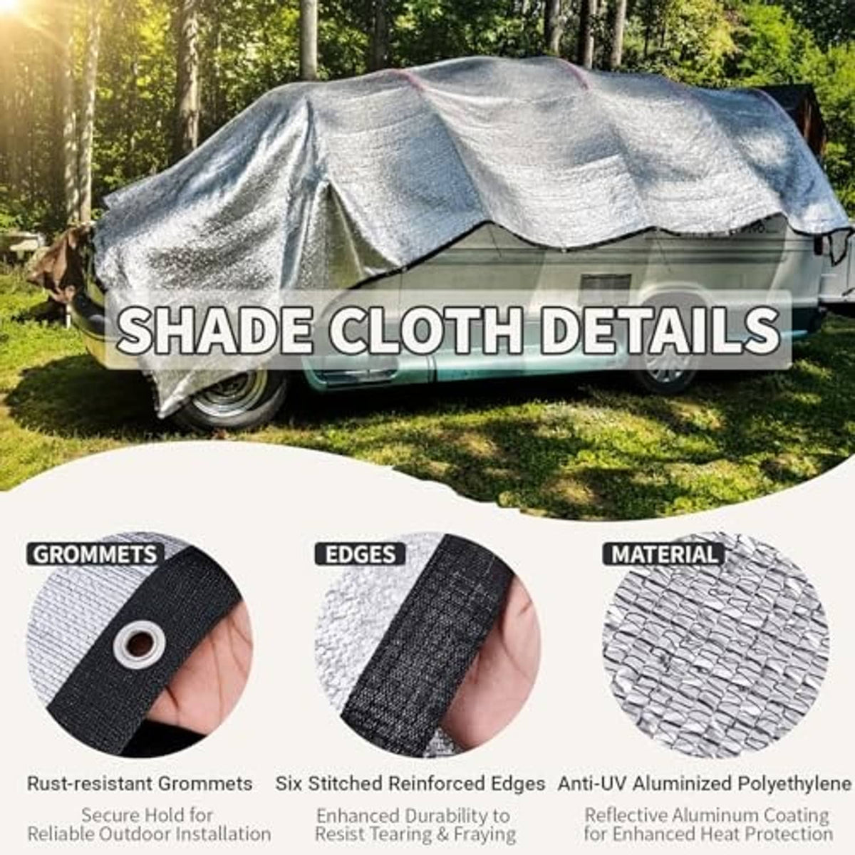 Reflective shade cloth with stitched reinforced edges and rust-resistant grommets detail