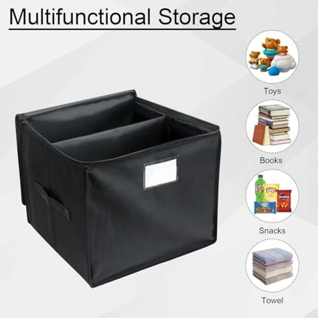 Black vinyl record storage box with label pocket, versatile cube with open top