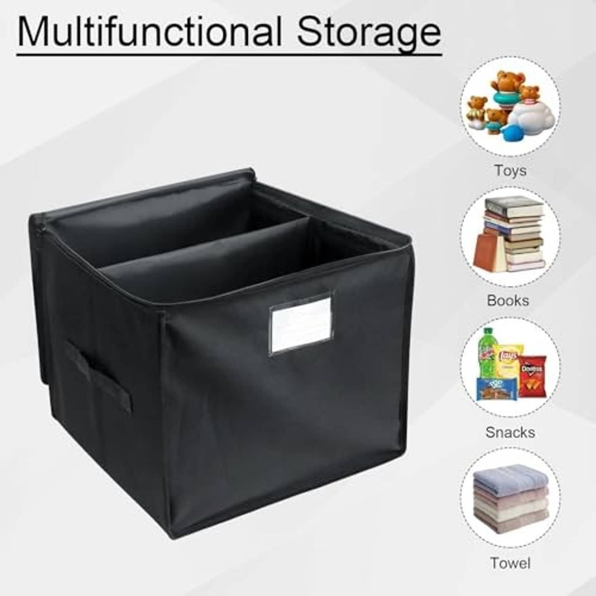 Black vinyl record storage box with label pocket, versatile cube with open top