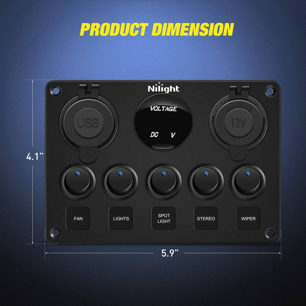Black rocker switch panel showing dimensions, USB port and 12V dial with 5 rocker buttons