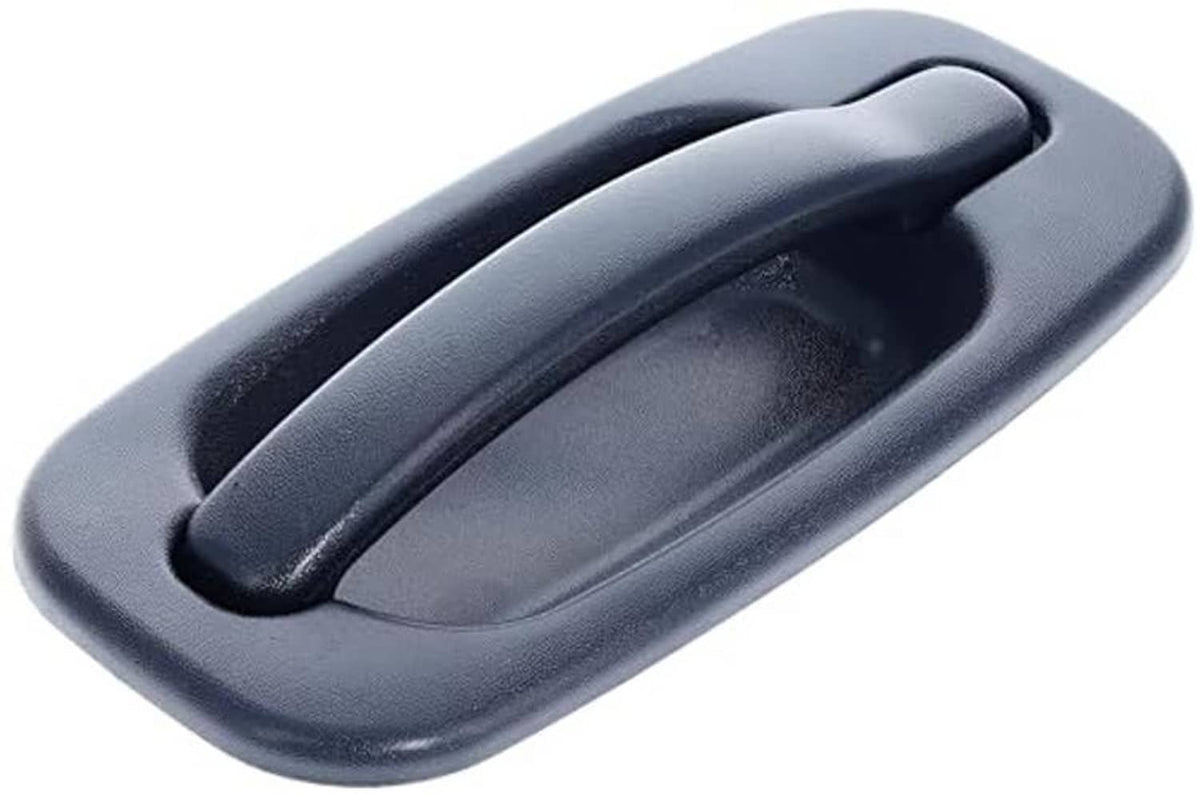 Dark rear exterior door handle, textured recessed grip surface