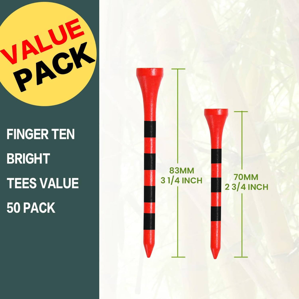 Two red golf tees with black striped shafts shown with height measurements