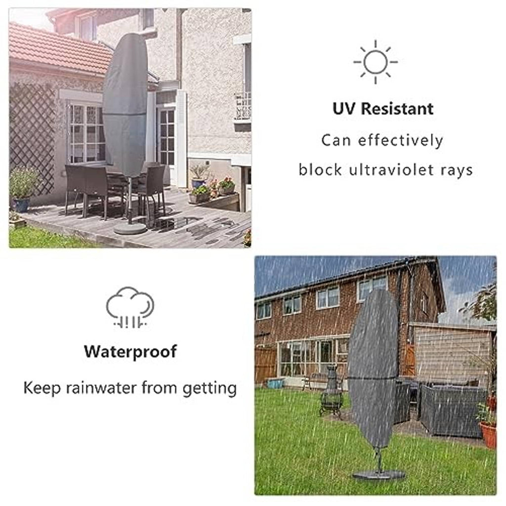 Grey patio umbrella cover on cantilever base, designed to keep rain out