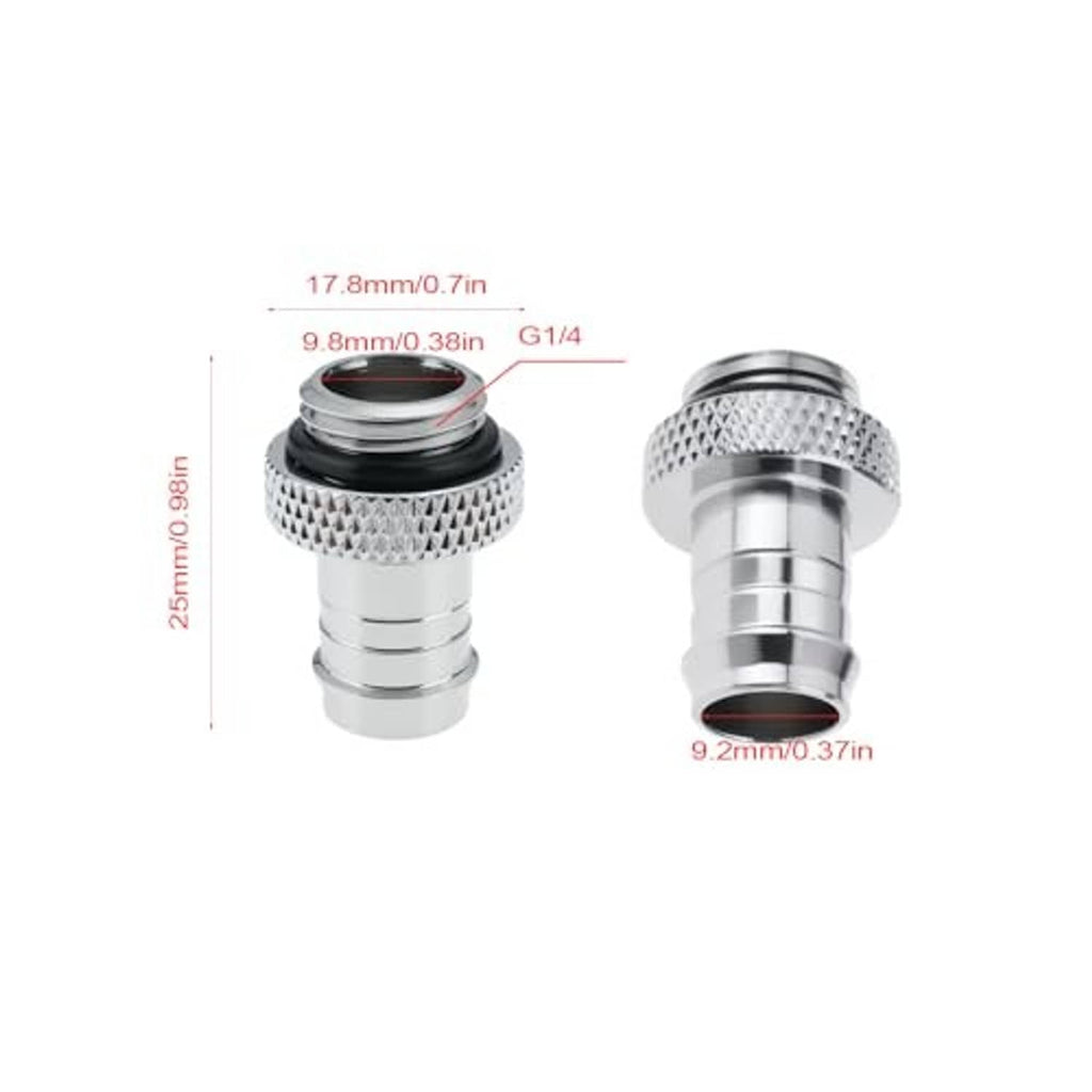 Silver G1/4 to 3/8 barb hose fitting connector, knurled ring and inner port