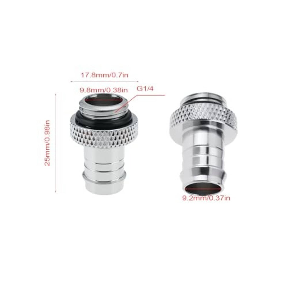 Silver G1/4 to 3/8 barb hose fitting connector, knurled ring and inner port