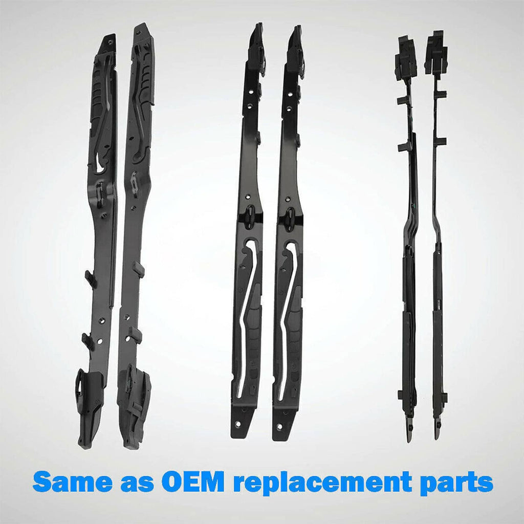 Set of black sunroof track guide rails with mounting hardware and pin pieces
