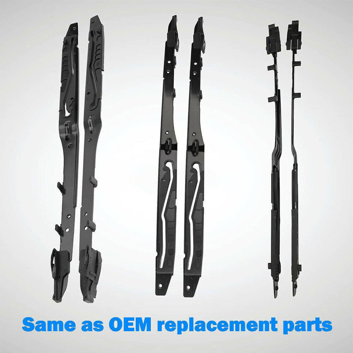 Set of black sunroof track guide rails with mounting hardware and pin pieces