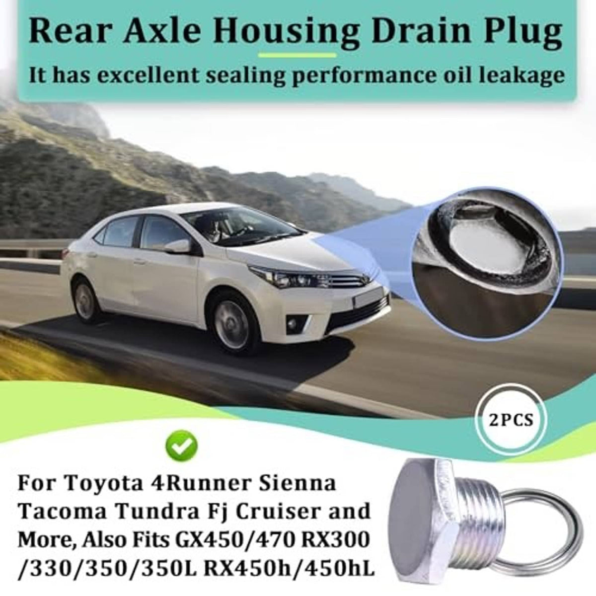 Rear axle housing drain plug with gasket ring shown beside a vehicle