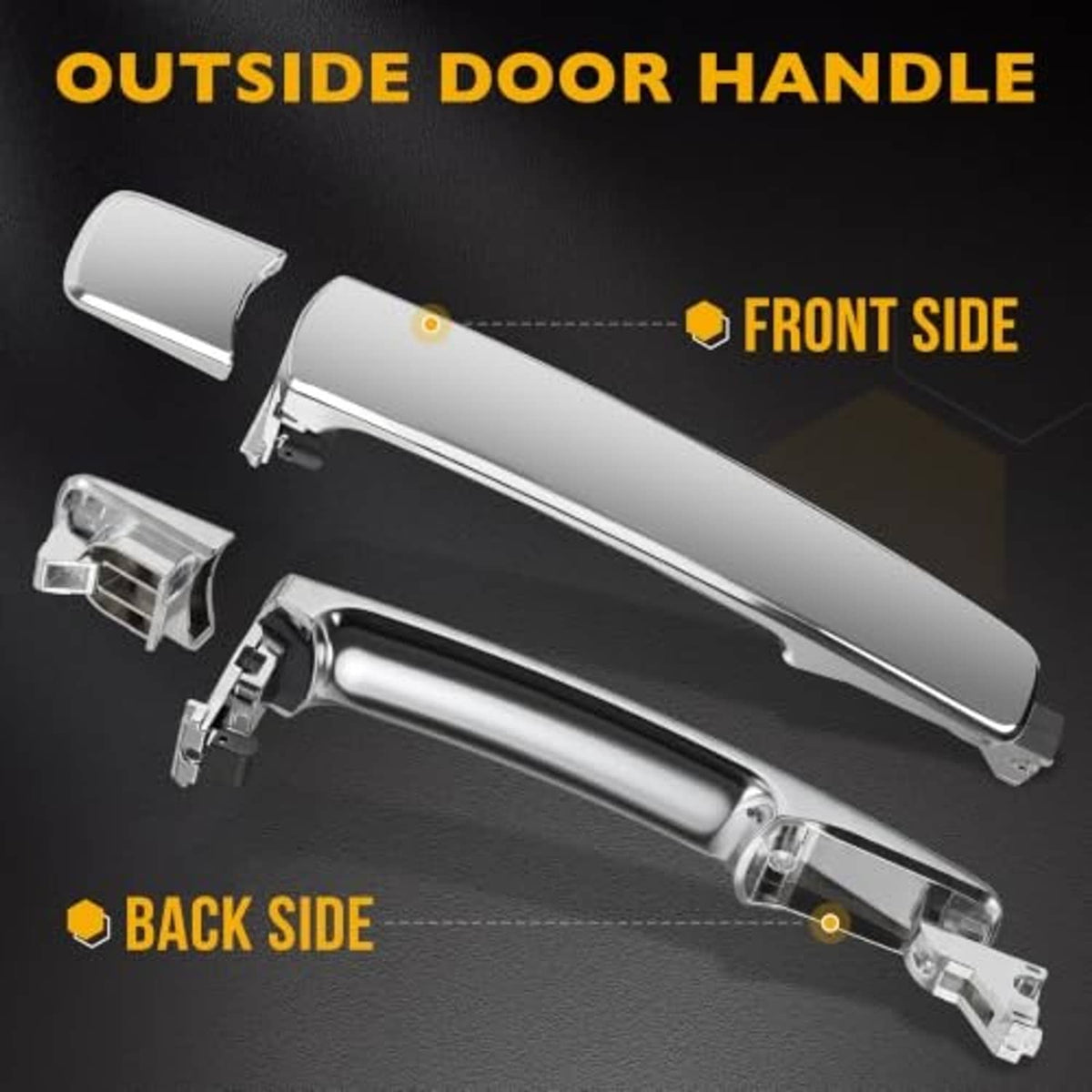 Exterior chrome door handle front and back components with side mounting clips