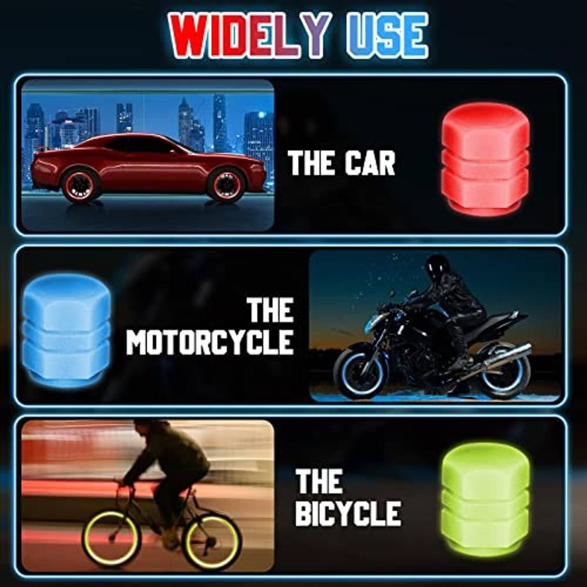 Assorted glow-in-the-dark tire valve caps in red, light blue, and green colors