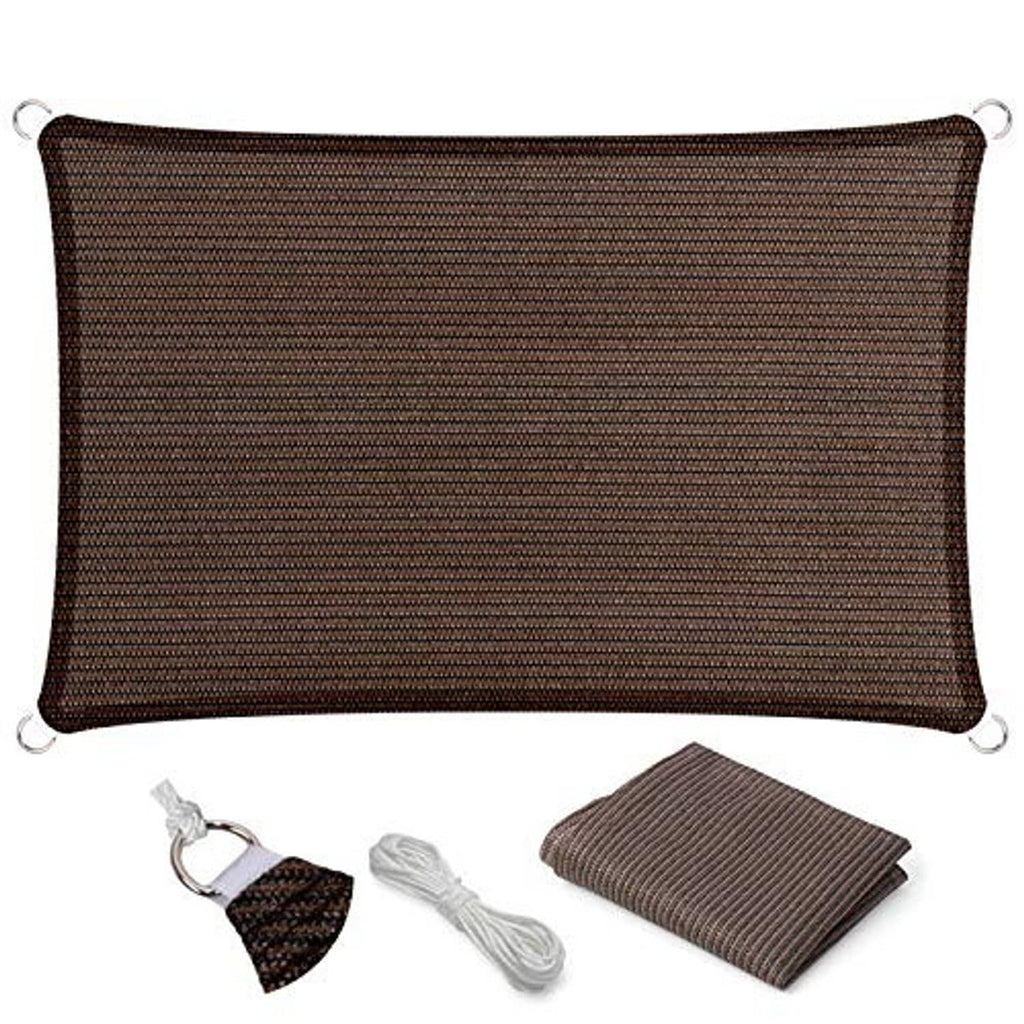 Brown rectangular sun shade sail with corner grommets and included rope and fastener