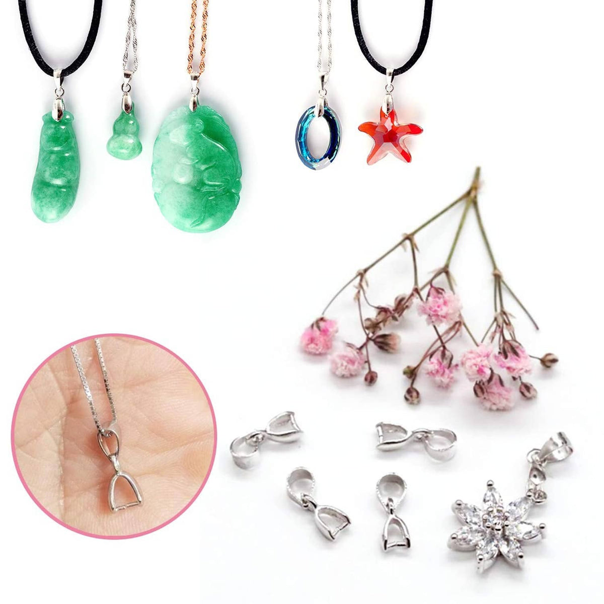 Silver pendant bail connectors with clasp loops attached to necklace chains