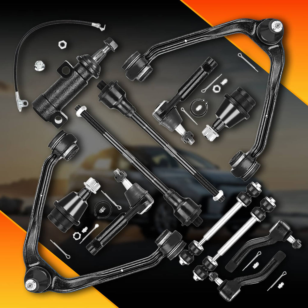 Suspension control arm components set with multiple arms, bushings, and linkages