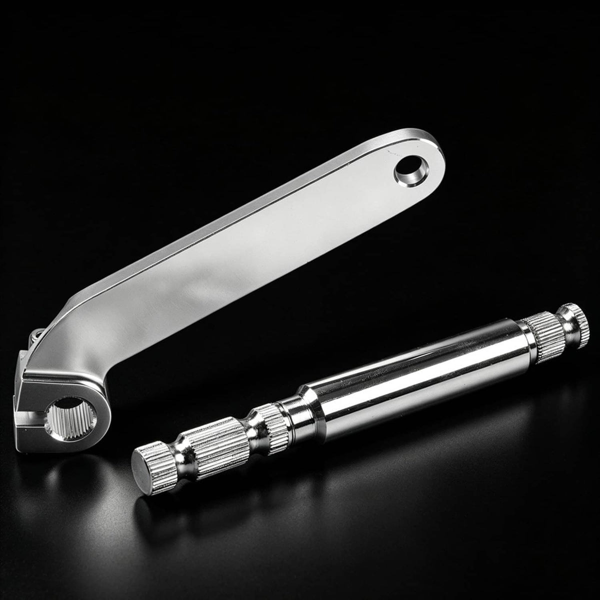 Shifter lever and shaft rod assembly with knurled ends and polished silver hardware