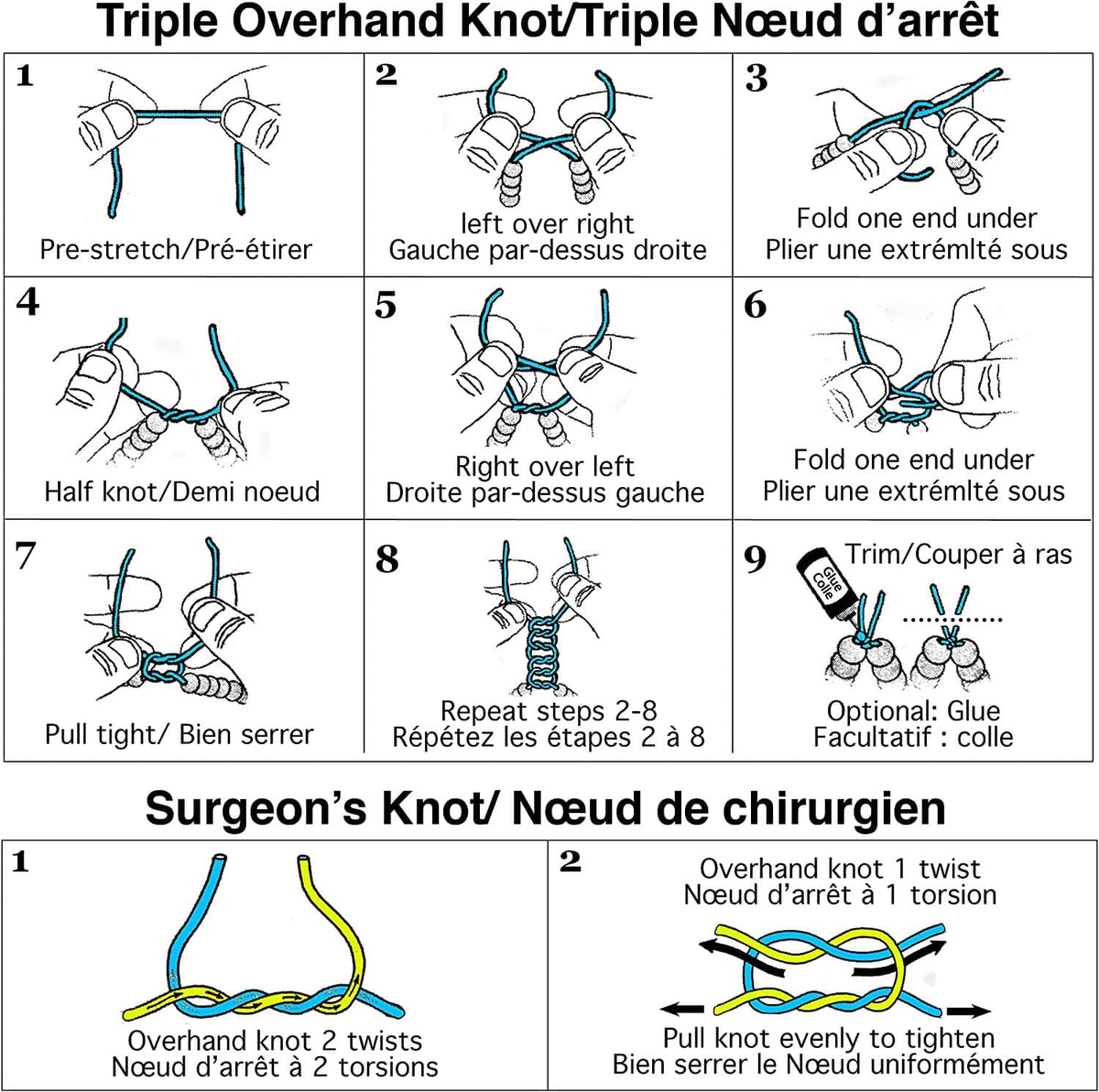 Printed knot instruction diagrams for elastic beading cord