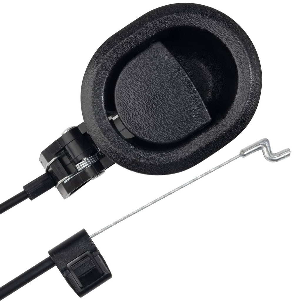 Black oval plastic recliner release pull handle with attached cable and metal hook