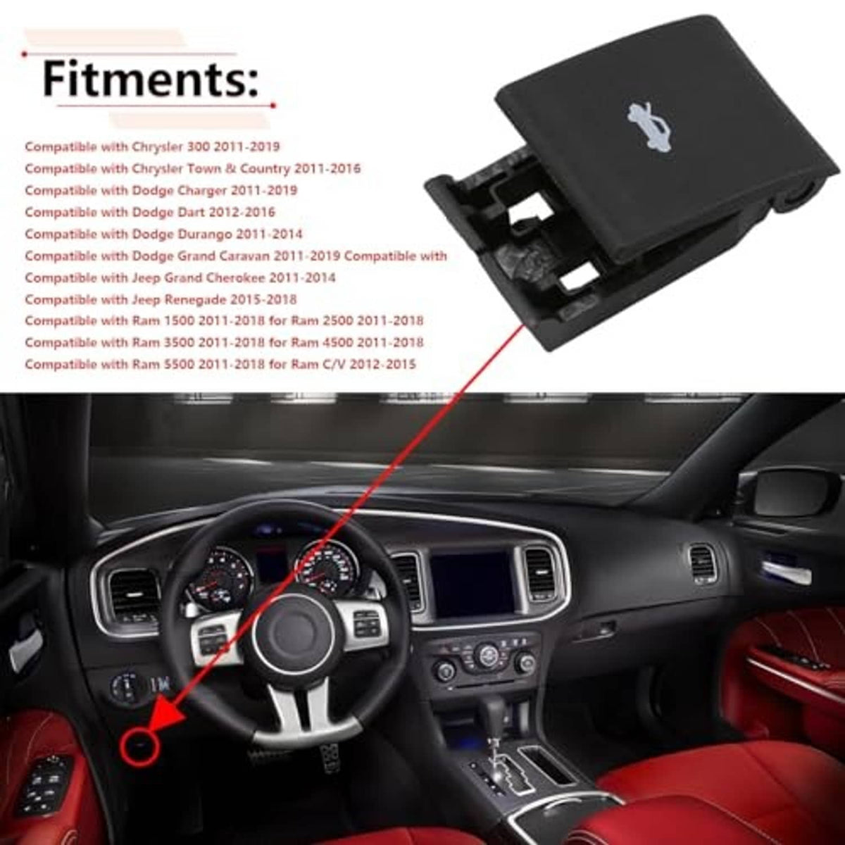 Black hood release handle for dashboard, shown with car icon button