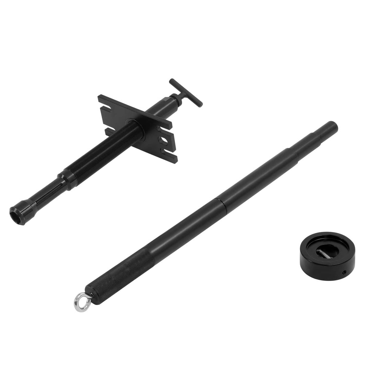 Black gimbal bearing puller and alignment tool set with long shaft, fork plate, bushing