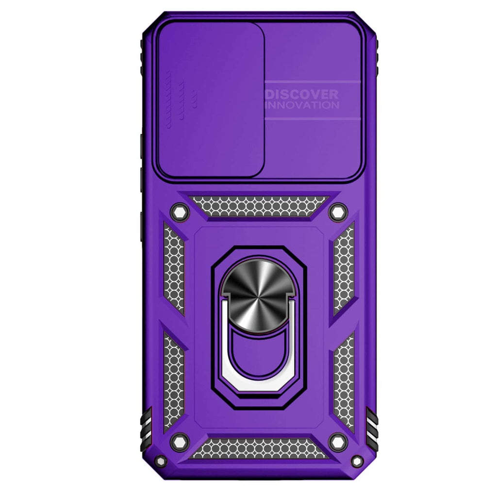 Purple rugged phone case front panel with camera openings and metal ring stand