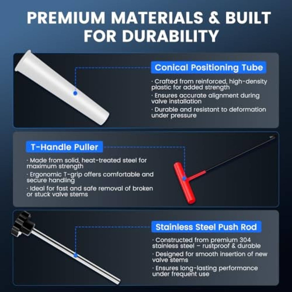 Tire valve stem tool with conical tube, T-handle, and stainless steel push rod
