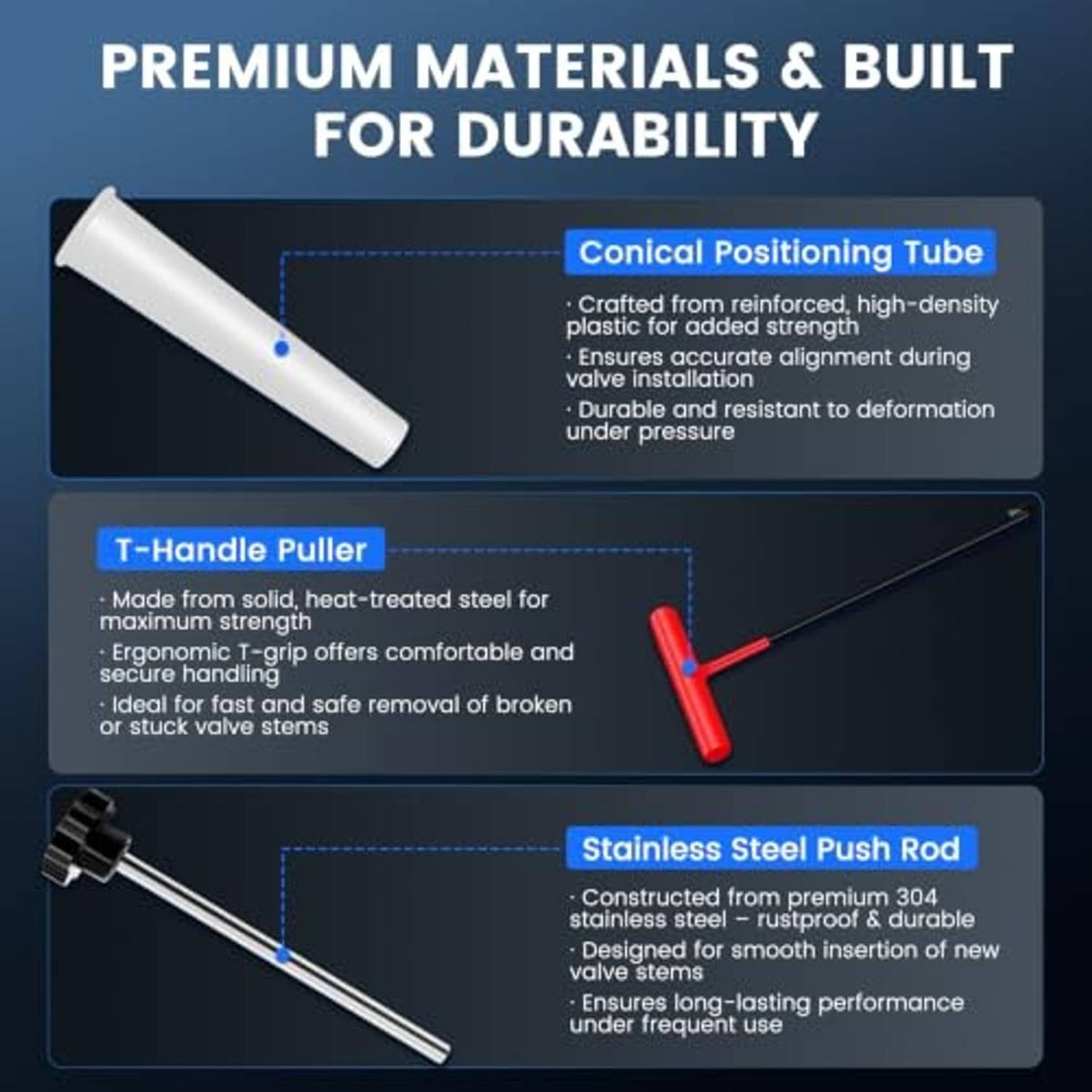 Tire valve stem tool with conical tube, T-handle, and stainless steel push rod