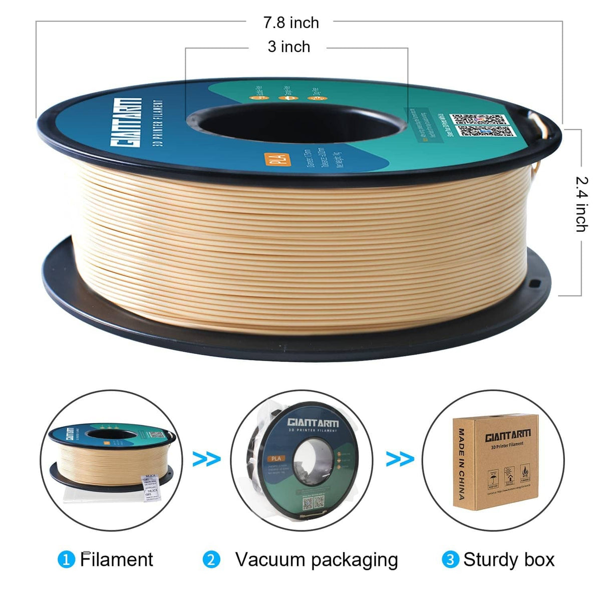 Bone white PLA filament roll with size dimensions and packaging steps diagram