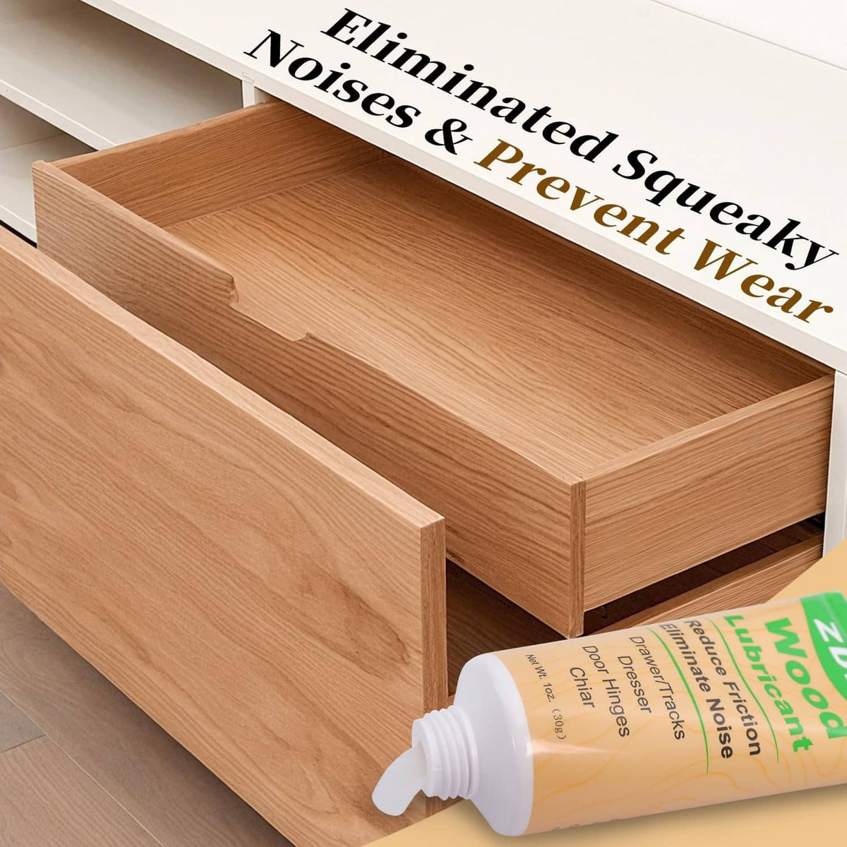 Wood lubricant tube with pointed nozzle at a drawer track for smooth sliding