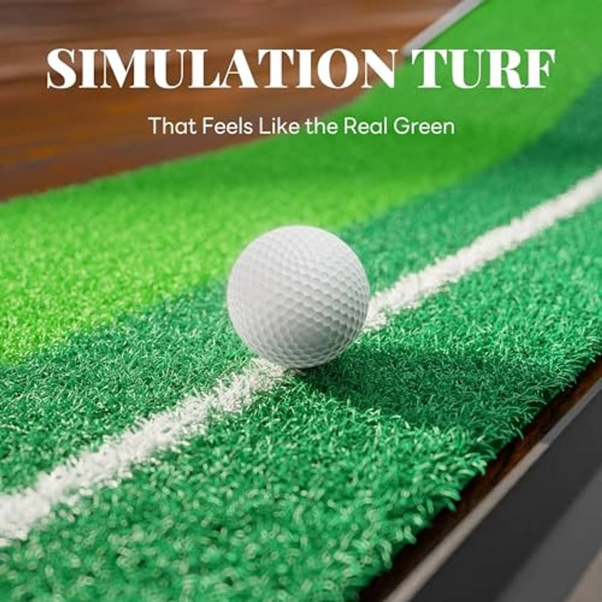 Close-up of golf putting mat turf with a white practice ball on the green