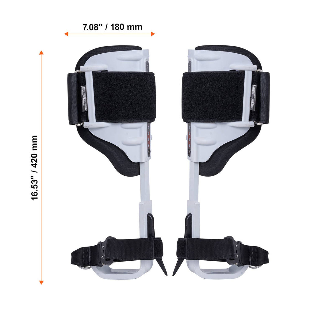 Tree climbing spurs pair with white frames, black foam pads, and adjustable fastening straps