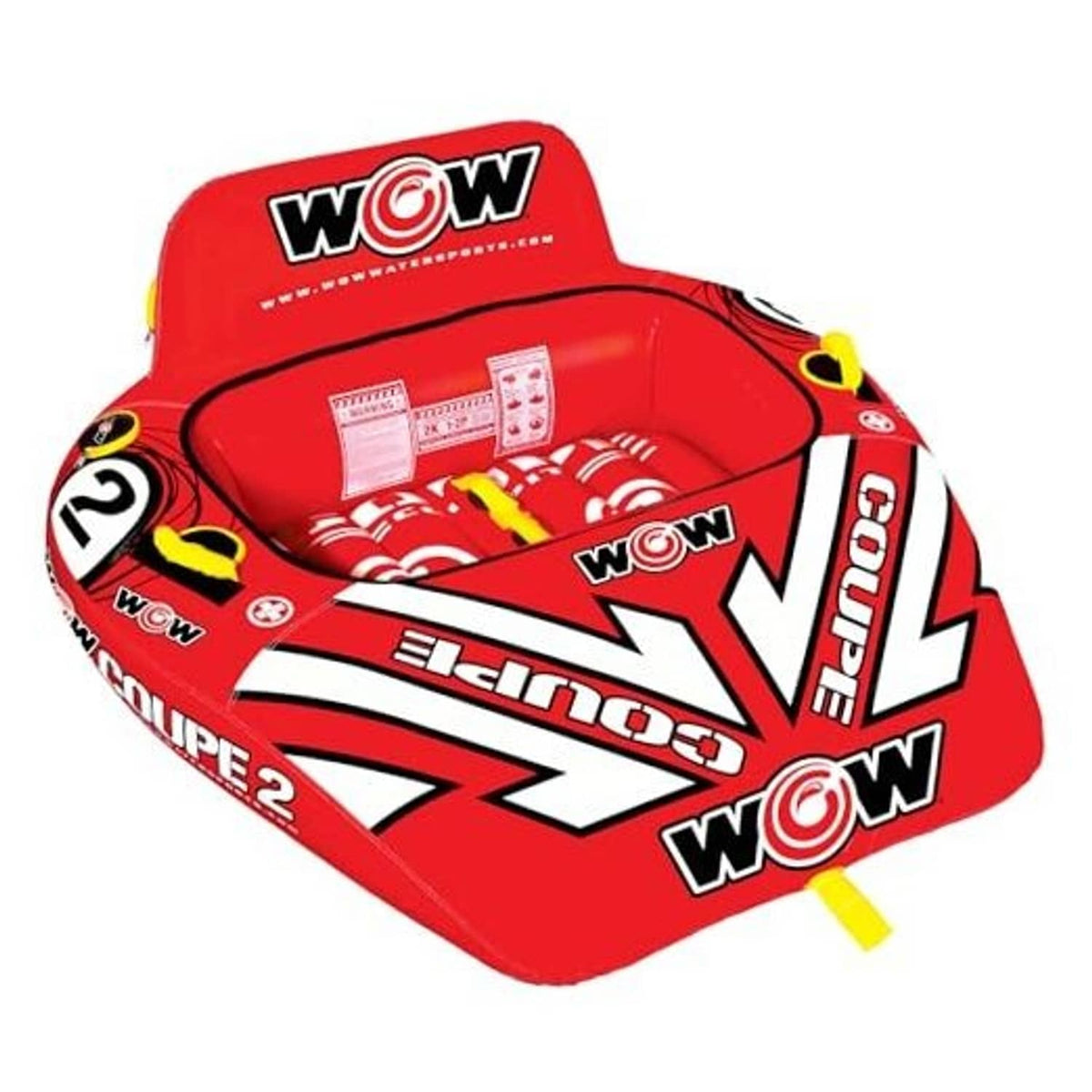 Wow Coupe 2-person inflatable boat towable tube, red cockpit with WOW graphics