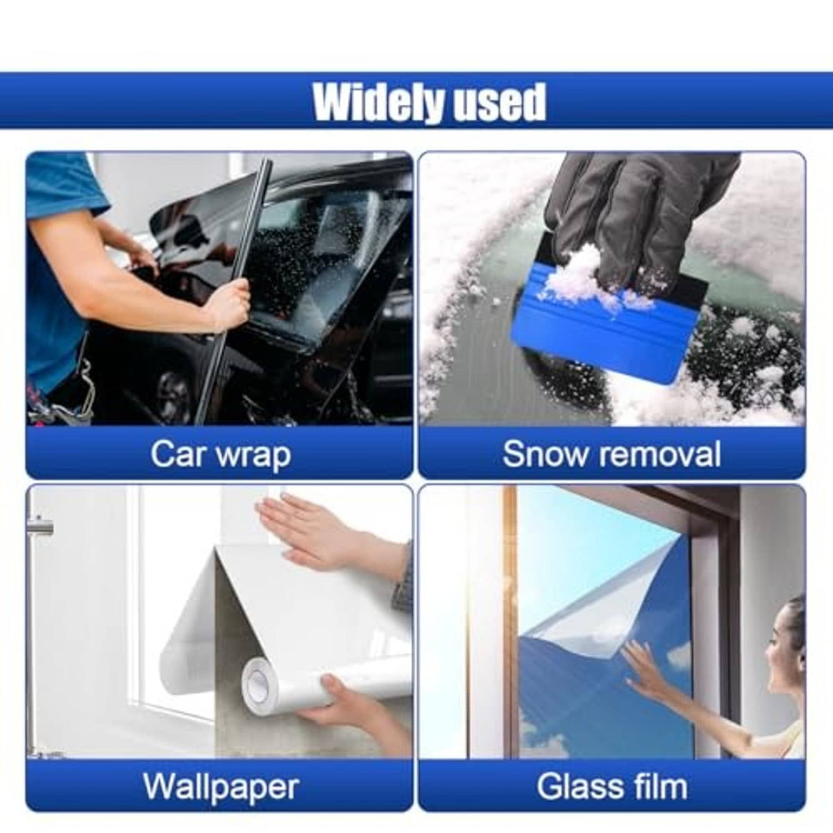 Blue plastic squeegee scraper with black felt edge, multi-use handheld tool