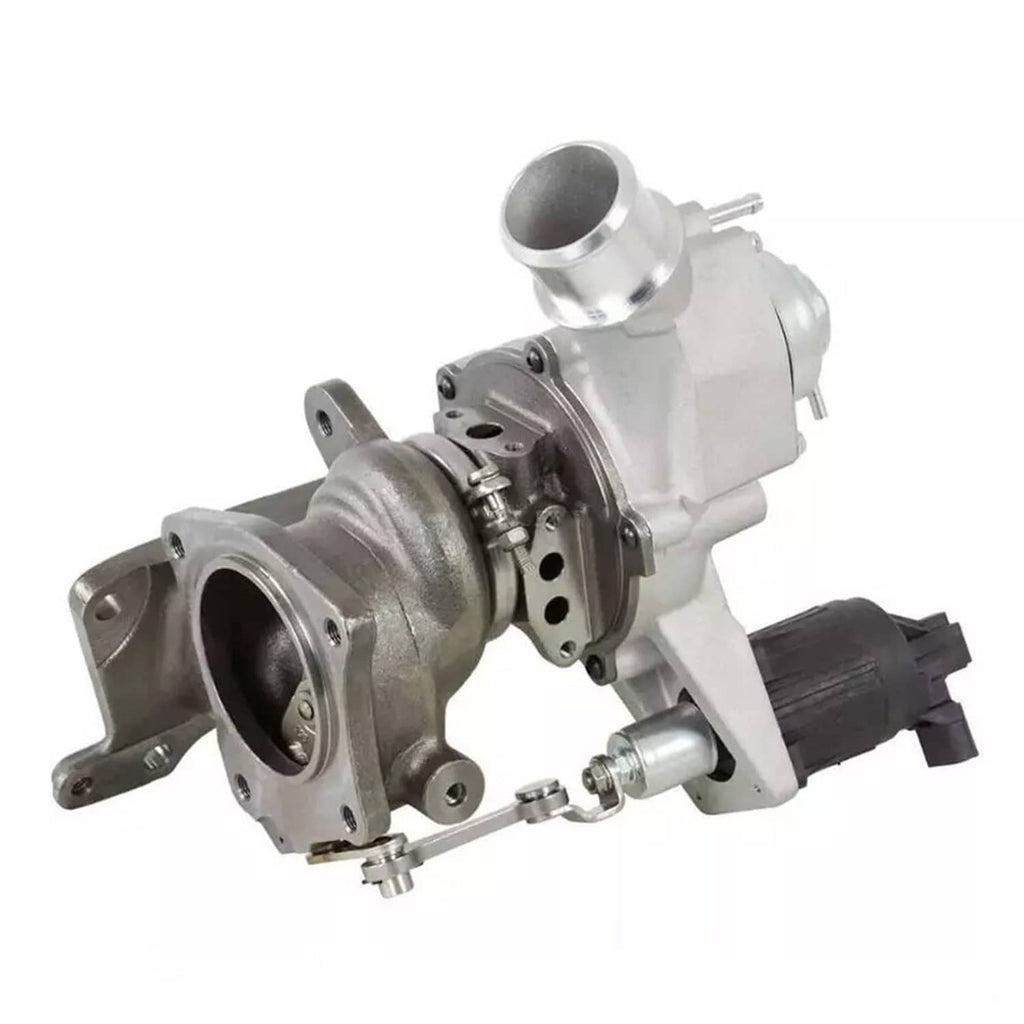 Turbocharger with actuator, close-up of turbine housing and black electrical plug.