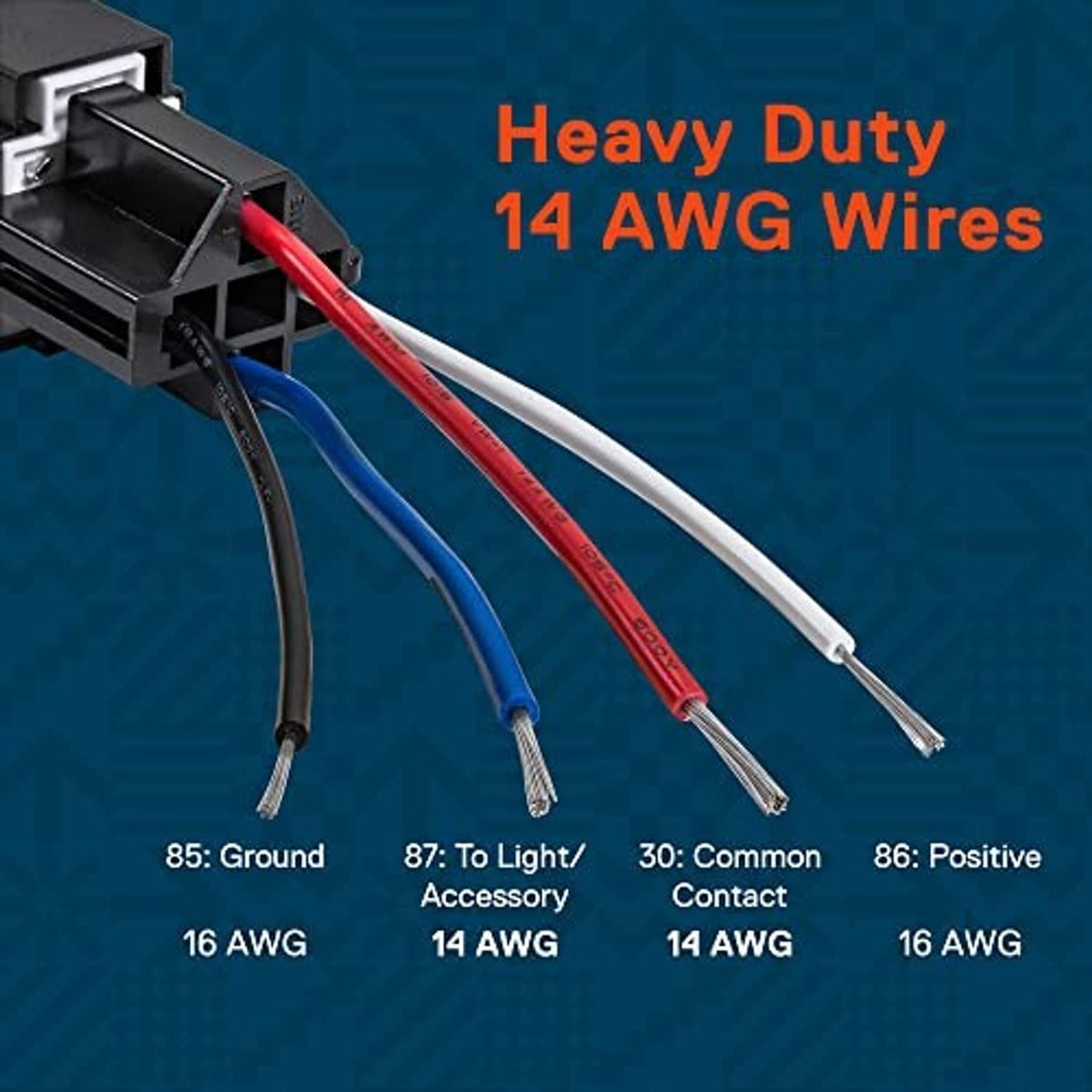 Relay wiring harness with 14 AWG leads in red, blue, white, and ground wire colors