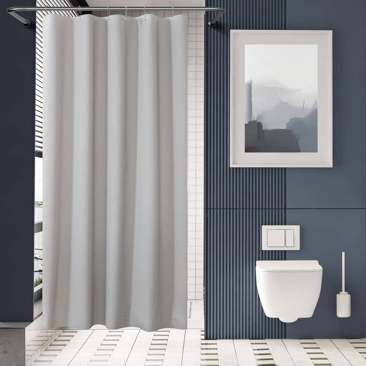 Light grey shower curtain hanging in a bathroom over a shower stall opening