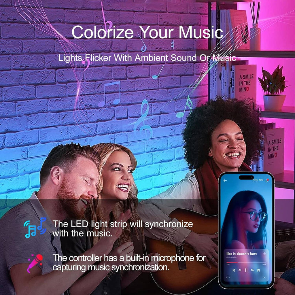 LED strip lighting with ambient sound-synced glow and smartphone remote display