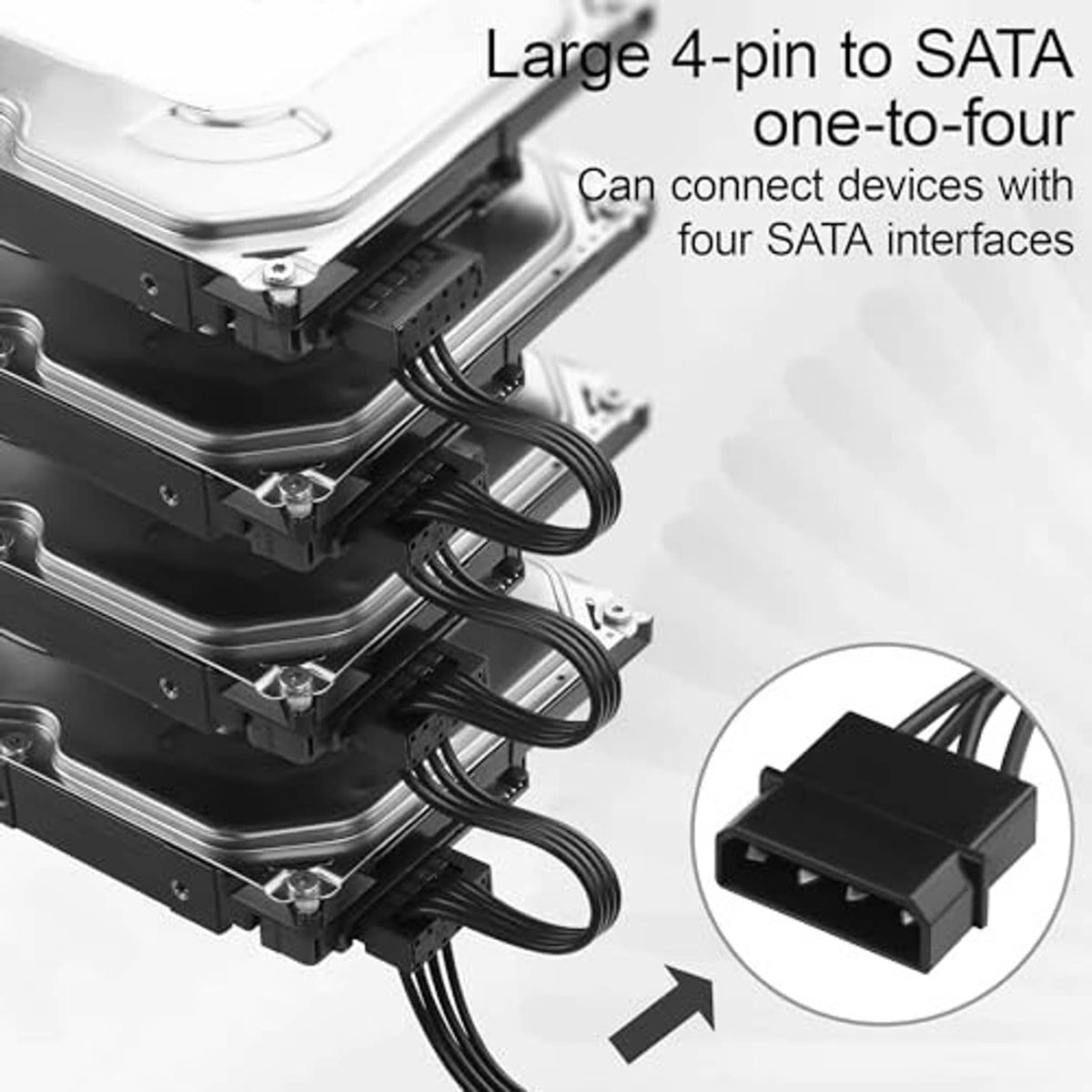 Molex 4-pin male power splitter cable with four SATA power connectors, black
