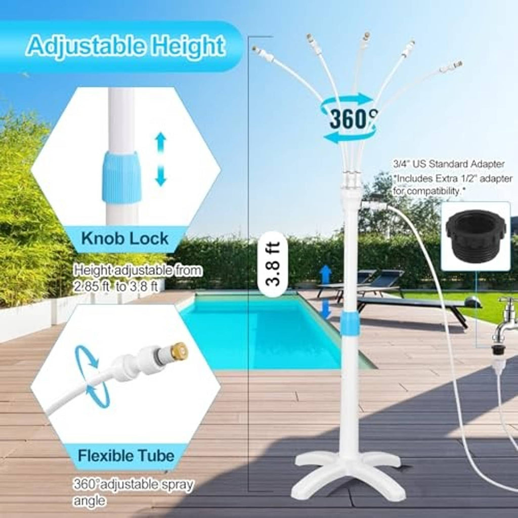 Adjustable-height mist cooling stand with 360° spray nozzles and flexible tube