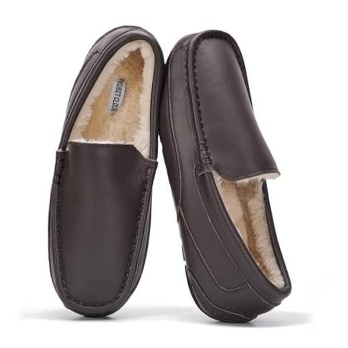Men's dark brown leather slip-on house shoes with plush shearling-like lining