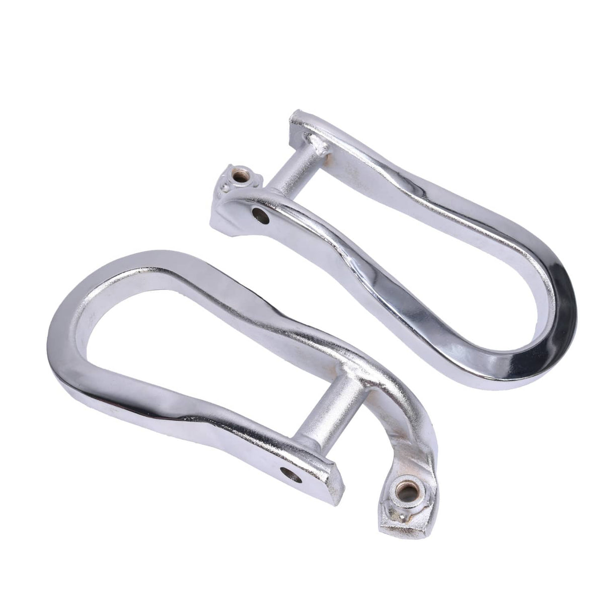 Two chrome tow hooks with side mounting tabs and oval loop openings