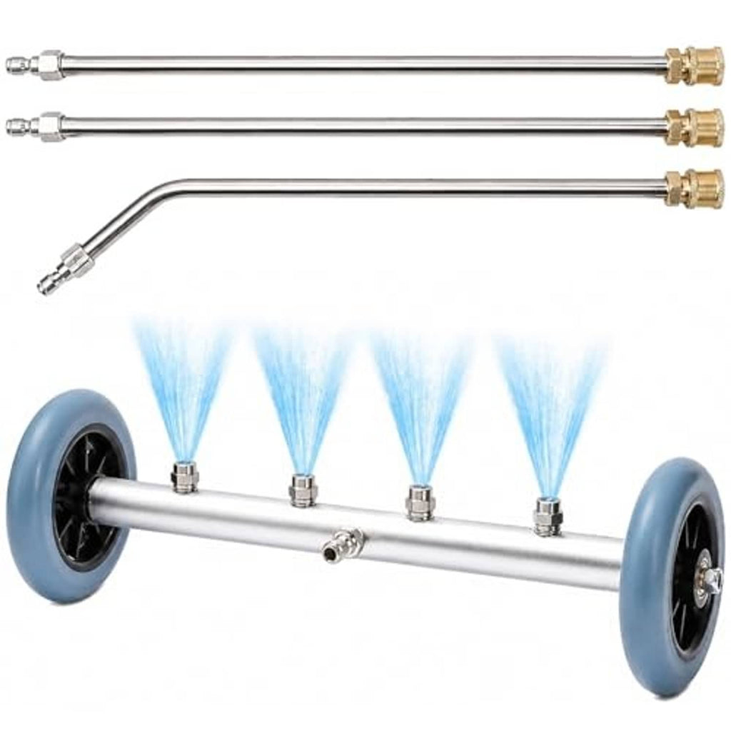 Undercarriage pressure washer cleaner with curved wand, four spray nozzles, and blue wheels