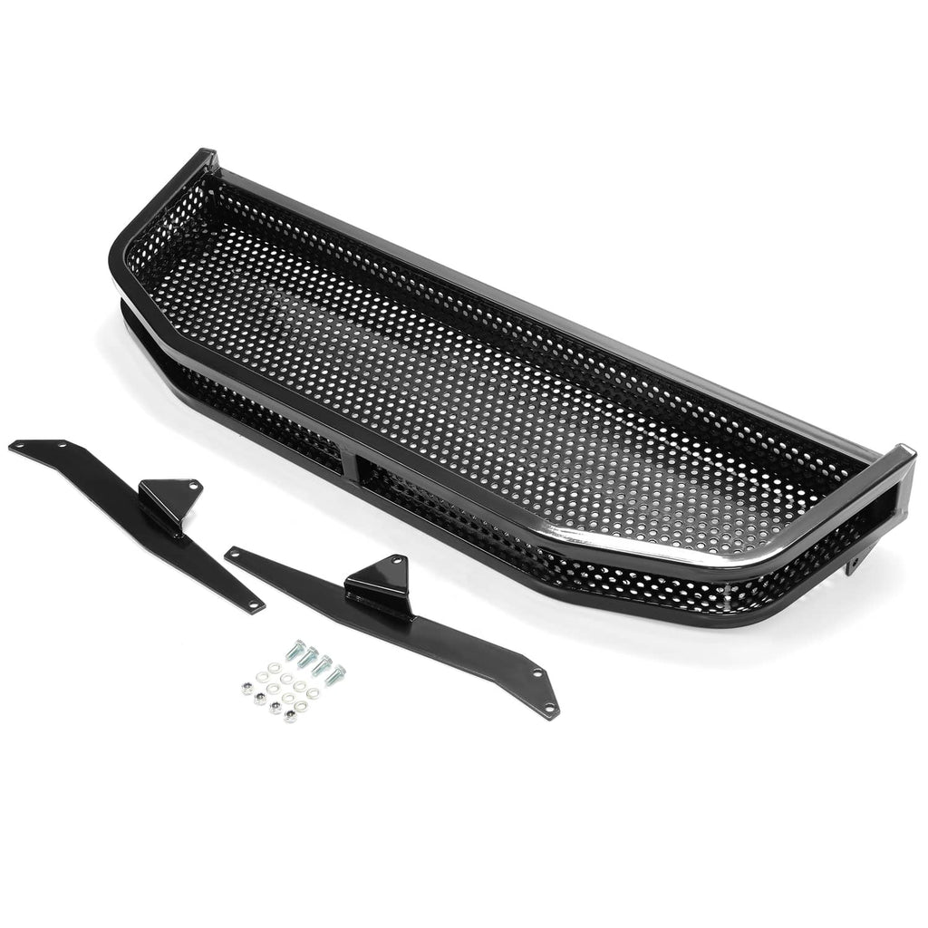 Black perforated front basket with mounting brackets and screw hardware set