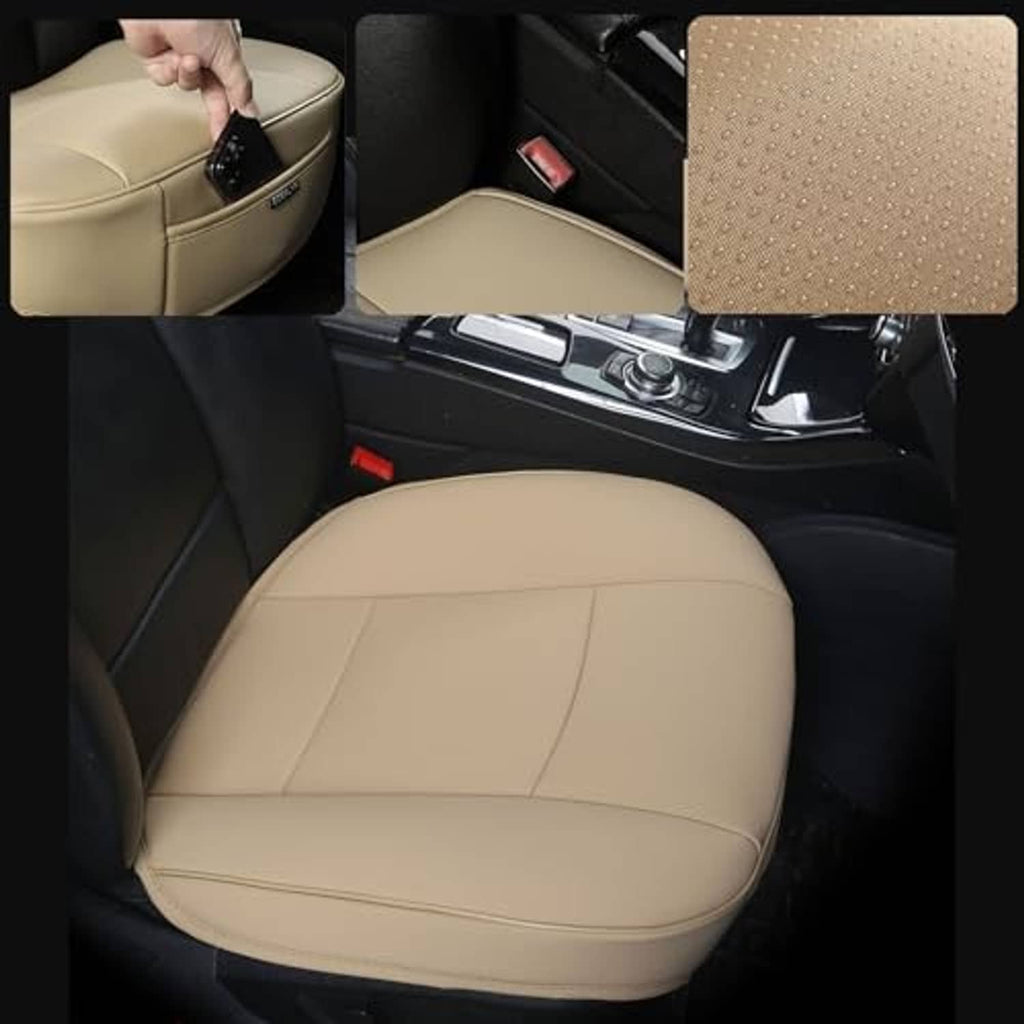 Beige PU leather seat cover closeup with non-slip silicone dots and stitched side panels