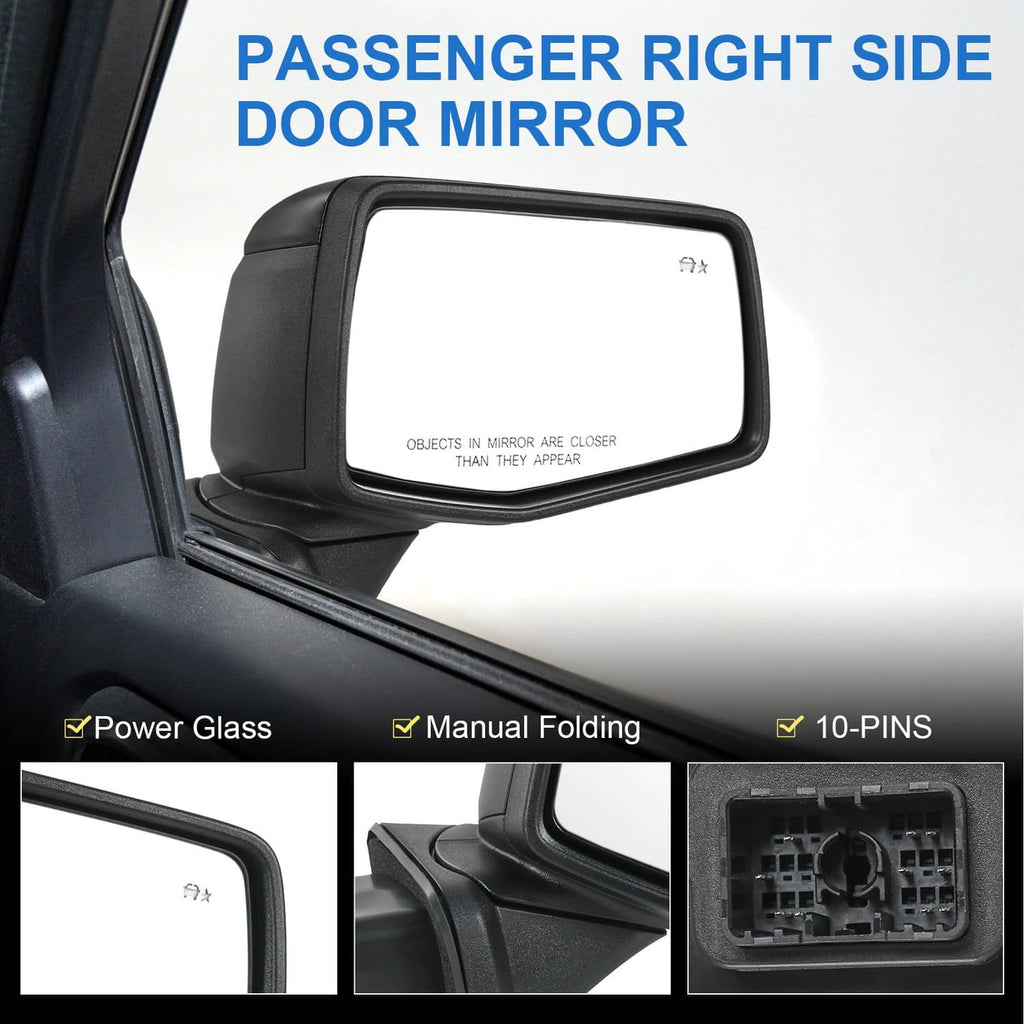 Black passenger side door mirror with clear glass and manual folding housing
