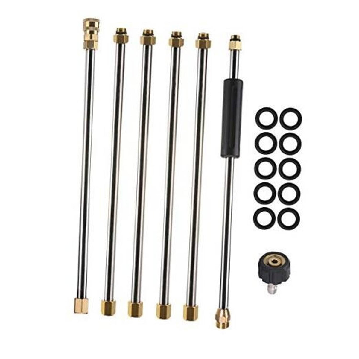 Pressure washer extension wand set with multiple metal lance sections and brass end caps