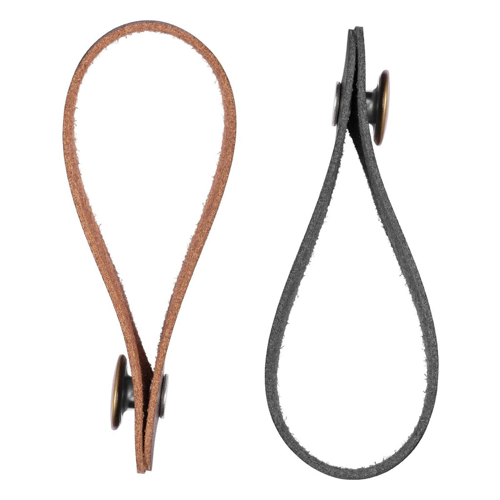 Leather guitar headstock strap adapters, brown and black teardrop ties with metal hooks