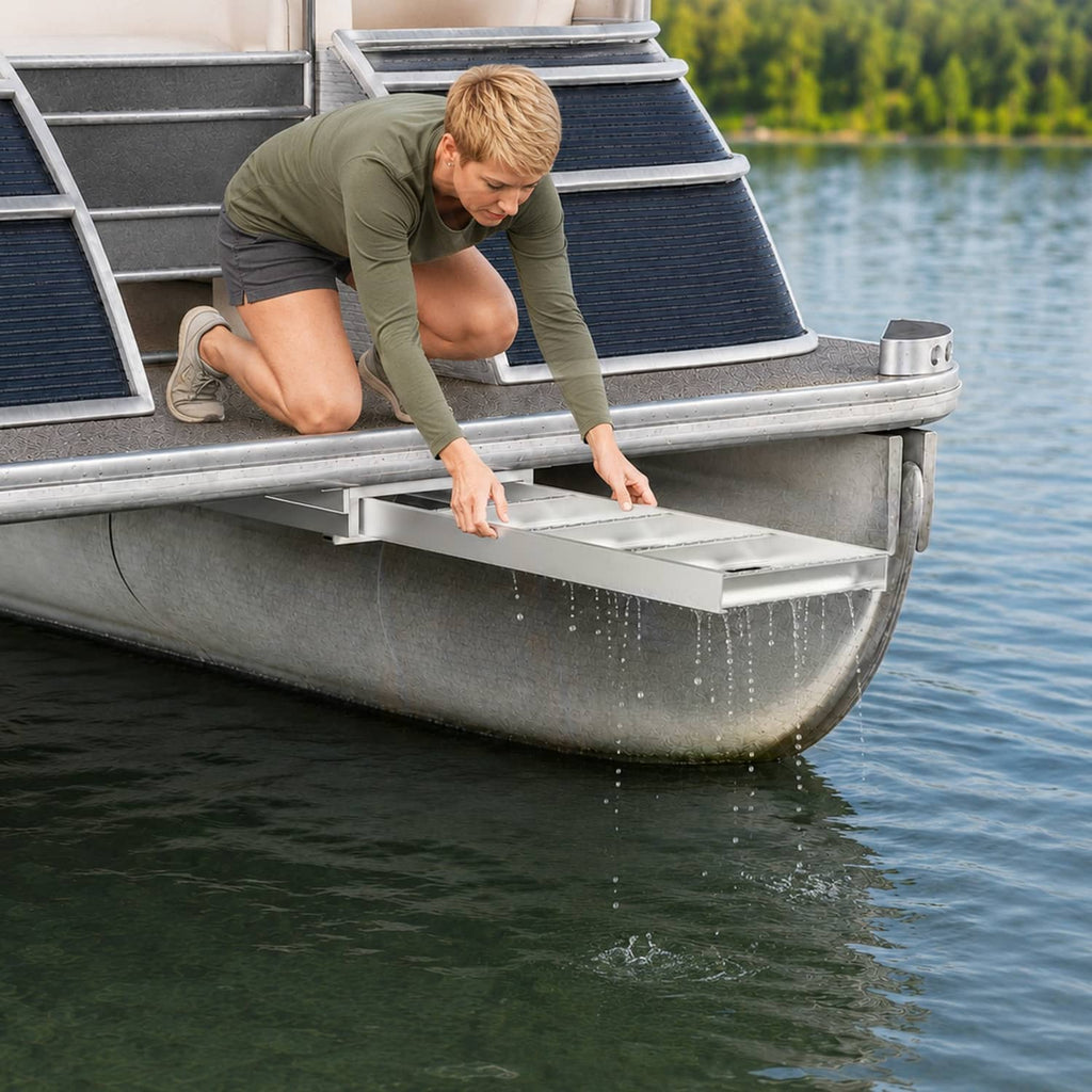 4-step aluminum boat ladder under deck with handrails and non-slip rung treads