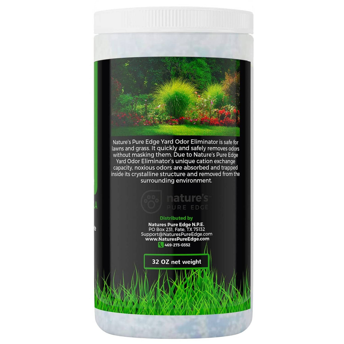Nature's Pure Edge Yard Odor Eliminator bottle, back label with 32 oz weight