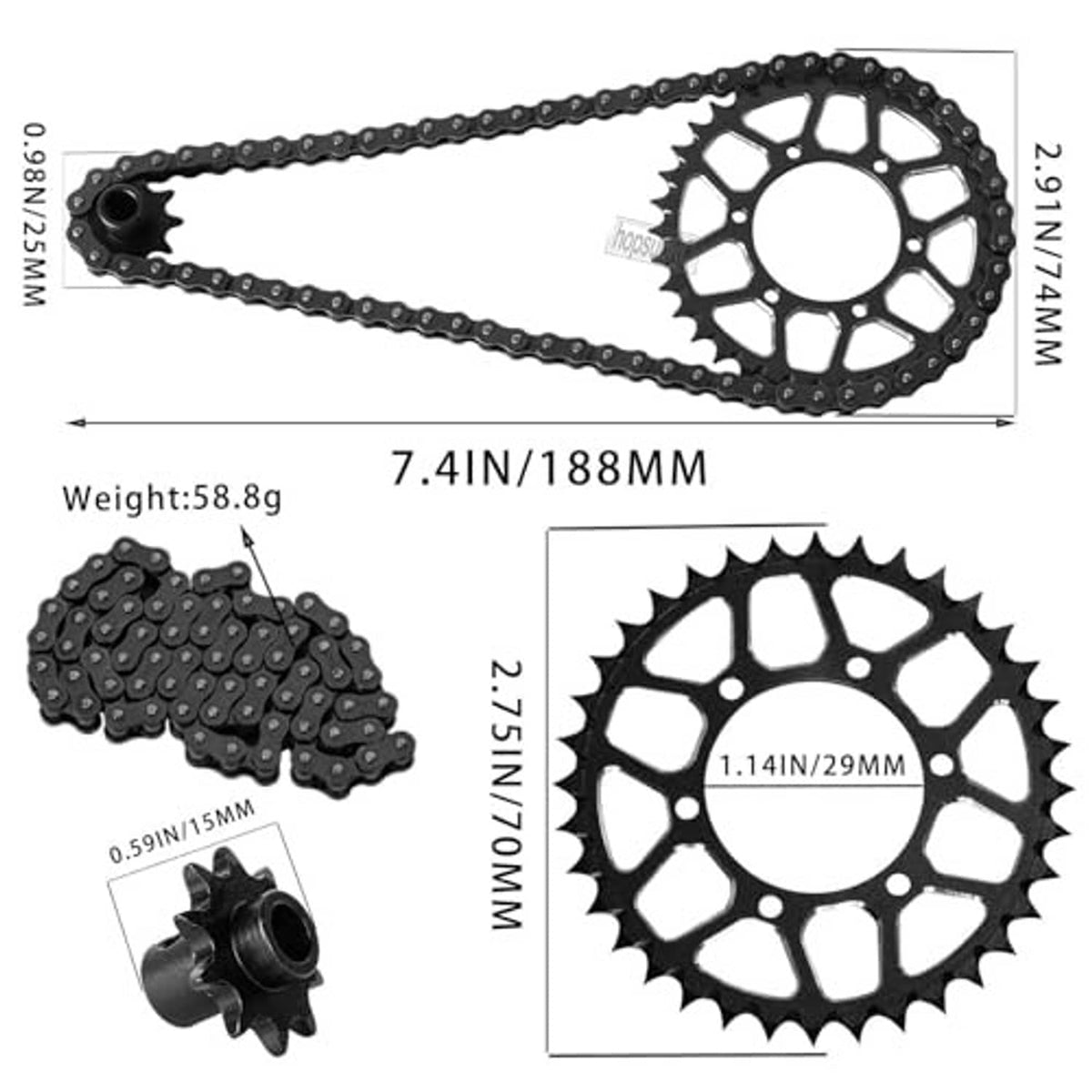 Black roller chain with 36T rear sprocket gear and hub bushing