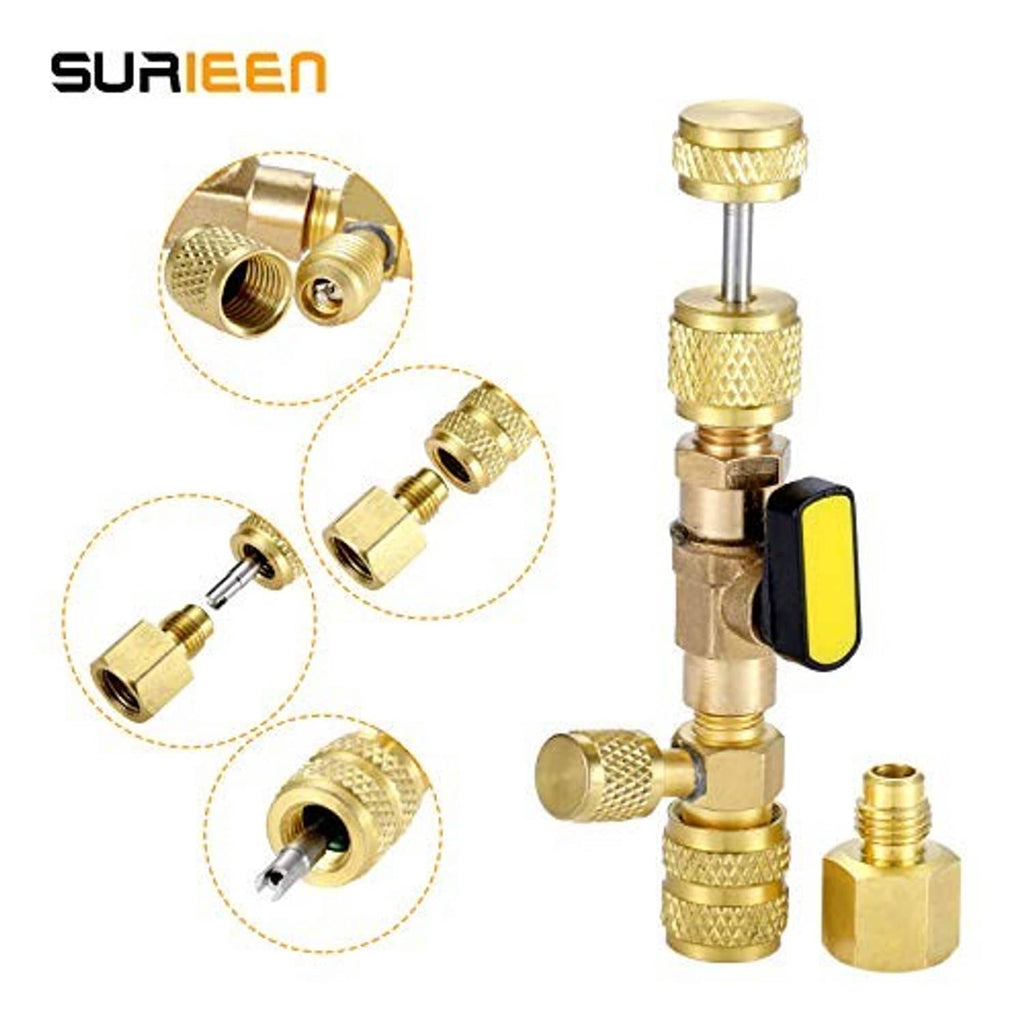 Brass valve core remover and installer tool with yellow switch, dual SAE ends