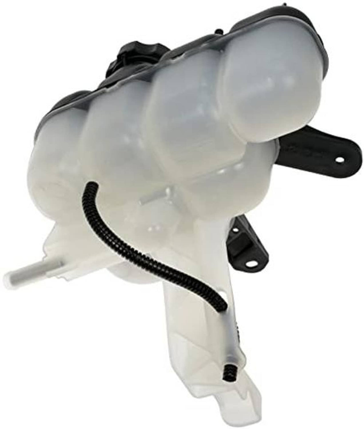 Translucent coolant reservoir tank with black cap and hose, molded mounting bracket